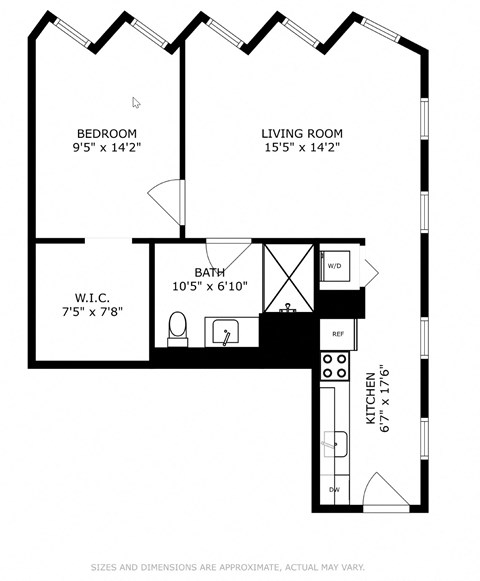Floor plan for 1 bed, 1 bath, 710 sqft